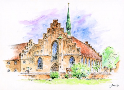 Sct. Mariæ Kirke og Vor Frue Kloster. Akvarel af C. Gress