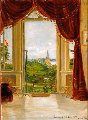Haven set fra Belvederes havestue. Maleri af Signe Andreasen (1853-1919); privateje.